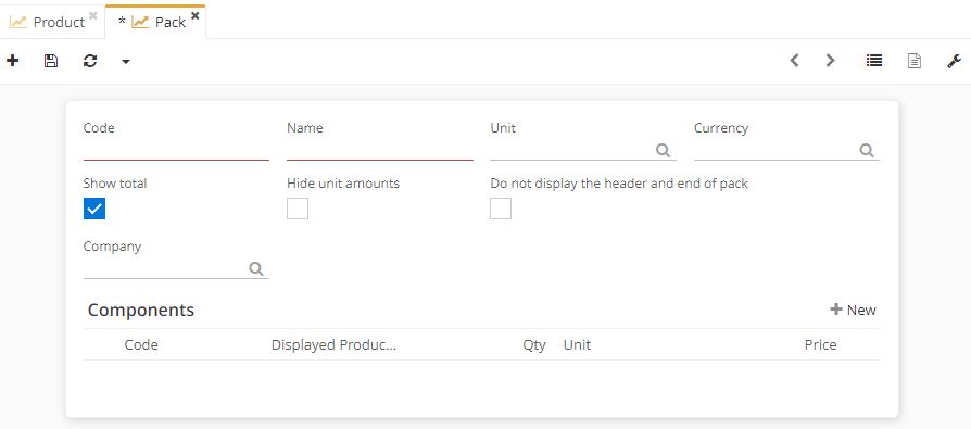 1.2. Creating a new pack. A pack comprises several components. You can also tick the Show total box in order to display the total price of the pack at the end of the pack; in addition, it is possible to tick the Hide unit amounts box with the aim of hiding the unit price of each component on the quote. Tick the Do not display pack header and end box if you need to hide the pack header and end.